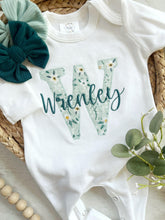Load image into Gallery viewer, Personalized baby girl romper and hat set, vintage floral infant coming home outfit, baby shower gift, sleeper with footies, custom name
