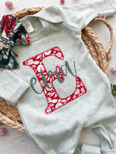 Load image into Gallery viewer, Personalized baby girl romper and set vintage floral infant coming home outfit, baby shower gift sleeper with footies, custom name Christmas