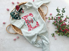 Load image into Gallery viewer, Personalized baby girl romper and set vintage floral infant coming home outfit, baby shower gift sleeper with footies, custom name Christmas