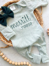 Load image into Gallery viewer, Personalized green vintage stitch girl romper with bow or turban, custom girl coming home outfit, baby shower gift, Christmas baby, oatmeal