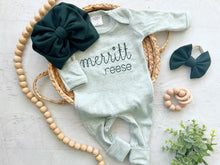 Load image into Gallery viewer, Personalized green vintage stitch girl romper with bow or turban, custom girl coming home outfit, baby shower gift, Christmas baby, oatmeal
