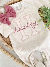 Load image into Gallery viewer, Personalized baby girl romper and hat set, vintage floral infant coming home outfit, baby shower gift, sleeper with footies, custom name