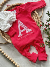 Load image into Gallery viewer, Personalized red baby romper and bow set, custom coming home outfit, white lace girl outfit, baby shower gift, neutral baby Christmas outfit