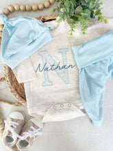 Load image into Gallery viewer, Personalized baby outfit and hat set, custom infant boy coming home outfit, baby shower gift, sleeper with footies baby blue, bodysuit