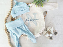 Load image into Gallery viewer, Personalized baby outfit and hat set, custom infant boy coming home outfit, baby shower gift, sleeper with footies baby blue, bodysuit
