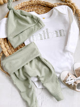 Load image into Gallery viewer, Personalized green and beige newborn outfit,custom name boy girl, coming home outfit for baby boy, baby girl outfit, hospital outfit for boy