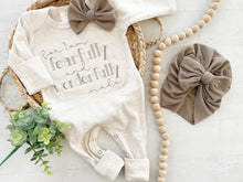 Load image into Gallery viewer, Personalized oatmeal taupe romper with handmade bow hat custom gender neutral coming home outfit baby shower gift fearfully wonderfully made