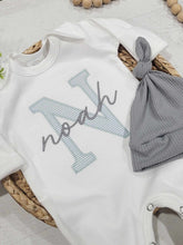 Load image into Gallery viewer, Personalized baby romper and hat set, custom infant boy coming home outfit baby shower gift, oatmeal sleeper with footies blue gray baby boy