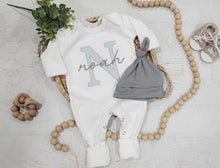 Load image into Gallery viewer, Personalized baby romper and hat set, custom infant boy coming home outfit baby shower gift, oatmeal sleeper with footies blue gray baby boy