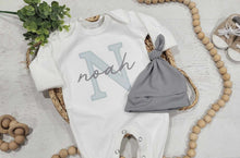 Load image into Gallery viewer, Personalized baby romper and hat set, custom infant boy coming home outfit baby shower gift, oatmeal sleeper with footies blue gray baby boy