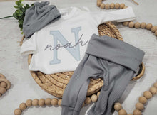 Load image into Gallery viewer, Personalized baby romper and hat set, custom infant boy coming home outfit baby shower gift, oatmeal sleeper with footies bodysuit