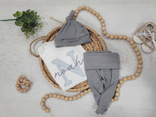 Load image into Gallery viewer, Personalized baby romper and hat set, custom infant boy coming home outfit baby shower gift, oatmeal sleeper with footies bodysuit