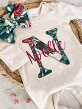 Load image into Gallery viewer, Personalized baby girl romper bow set vintage floral infant, coming home outfit baby shower gift sleeper footies custom name christmas baby