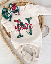 Load image into Gallery viewer, Personalized baby girl romper bow set vintage floral infant, coming home outfit baby shower gift sleeper footies custom name christmas baby