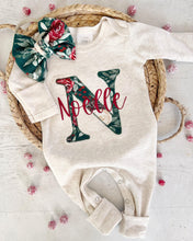 Load image into Gallery viewer, Personalized baby girl romper bow set vintage floral infant, coming home outfit baby shower gift sleeper footies custom name christmas baby
