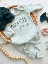 Load image into Gallery viewer, Personalized green vintage stitch girl romper with bow or turban, custom girl coming home outfit, baby shower gift, Christmas baby, oatmeal