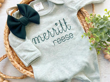 Load image into Gallery viewer, Personalized green vintage stitch girl romper with bow or turban, custom girl coming home outfit, baby shower gift, Christmas baby, oatmeal