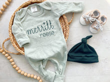 Load image into Gallery viewer, Personalized light sage green baby outfit vintage stitch romper with hat, custom baby boy coming home outfit baby shower gift christmas baby