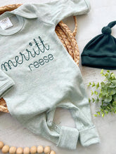Load image into Gallery viewer, Personalized light sage green baby outfit vintage stitch romper with hat, custom baby boy coming home outfit baby shower gift christmas baby