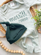 Load image into Gallery viewer, Personalized light sage green baby outfit vintage stitch romper with hat, custom baby boy coming home outfit baby shower gift christmas baby