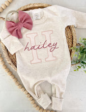 Load image into Gallery viewer, Personalized baby girl romper and hat set, vintage floral infant coming home outfit, baby shower gift, sleeper with footies, custom name