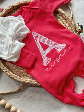 Load image into Gallery viewer, Personalized red baby romper and bow set, custom coming home outfit, white lace girl outfit, baby shower gift, neutral baby Christmas outfit