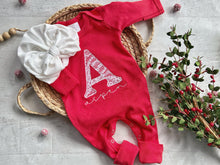 Load image into Gallery viewer, Personalized red baby romper and bow set, custom coming home outfit, white lace girl outfit, baby shower gift, neutral baby Christmas outfit