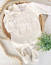 Load image into Gallery viewer, Personalized oatmeal and beige vintage stitch romper with bow or hat, custom gender neutral coming home outfit, baby shower gift