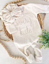 Load image into Gallery viewer, Personalized oatmeal and beige vintage stitch romper with bow or hat, custom gender neutral coming home outfit, baby shower gift