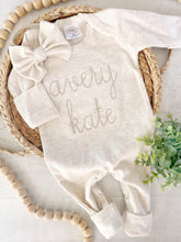 Load image into Gallery viewer, Personalized oatmeal and beige vintage stitch romper with bow or hat, custom gender neutral coming home outfit, baby shower gift