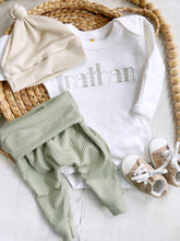 Load image into Gallery viewer, Personalized green and beige newborn outfit,custom name boy girl, coming home outfit for baby boy, baby girl outfit, hospital outfit for boy
