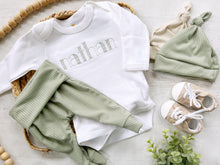 Load image into Gallery viewer, Personalized green and beige newborn outfit,custom name boy girl, coming home outfit for baby boy, baby girl outfit, hospital outfit for boy