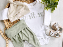 Load image into Gallery viewer, Personalized green and beige newborn outfit,custom name boy girl, coming home outfit for baby boy, baby girl outfit, hospital outfit for boy
