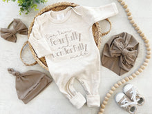Load image into Gallery viewer, Personalized oatmeal taupe romper with handmade bow hat custom gender neutral coming home outfit baby shower gift fearfully wonderfully made