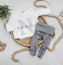 Load image into Gallery viewer, Personalized baby romper and hat set, custom infant boy coming home outfit baby shower gift, oatmeal sleeper with footies bodysuit