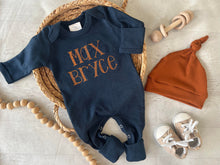 Load image into Gallery viewer, Personalized navy, blue, and beige newborn outfit, coming home outfit for baby boy, baby boy outfit, hospital outfit for boy