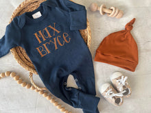 Load image into Gallery viewer, Personalized navy, blue, and beige newborn outfit, coming home outfit for baby boy, baby boy outfit, hospital outfit for boy