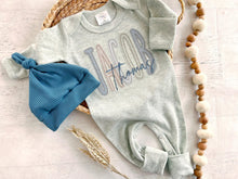 Load image into Gallery viewer, Personalized romper baby boy outfit and hat set, custom boy coming home outfit summer baby outfit, baby shower gift, sleeper with footies
