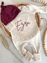 Load image into Gallery viewer, Personalized baby outfit romper and hat set, custom infant boy coming home outfit, baby shower gift, sleeper with footies red name