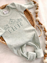 Load image into Gallery viewer, Personalized neutral baby romper and hat set, custom infant boy coming home outfit, baby shower gift, sleeper with footies, farm baby