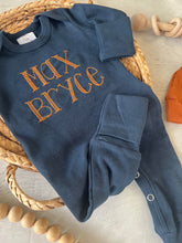 Load image into Gallery viewer, Personalized navy, blue, and beige newborn outfit, coming home outfit for baby boy, baby boy outfit, hospital outfit for boy