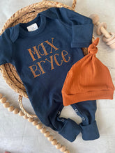 Load image into Gallery viewer, Personalized navy, blue, and beige newborn outfit, coming home outfit for baby boy, baby boy outfit, hospital outfit for boy