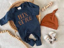 Load image into Gallery viewer, Personalized navy, blue, and beige newborn outfit, coming home outfit for baby boy, baby boy outfit, hospital outfit for boy