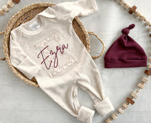 Load image into Gallery viewer, Personalized baby outfit romper and hat set, custom infant boy coming home outfit, baby shower gift, sleeper with footies red name