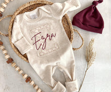 Load image into Gallery viewer, Personalized baby outfit romper and hat set, custom infant boy coming home outfit, baby shower gift, sleeper with footies red name