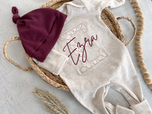 Load image into Gallery viewer, Personalized baby outfit romper and hat set, custom infant boy coming home outfit, baby shower gift, sleeper with footies red name