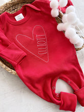 Load image into Gallery viewer, Personalized baby name outfit valentines day heart stitch girl romper with bow or turban, custom coming home outfit, baby shower gift