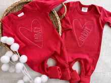 Load image into Gallery viewer, Personalized twins baby outfit valentines heart stitch girl romper with bow or turban custom girl coming home outfit baby shower gift
