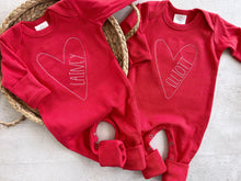 Load image into Gallery viewer, Personalized twins baby outfit valentines heart stitch girl romper with bow or turban custom girl coming home outfit baby shower gift