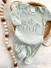 Load image into Gallery viewer, Personalized neutral baby romper and hat set, custom infant boy coming home outfit, baby shower gift, sleeper with footies, farm baby
